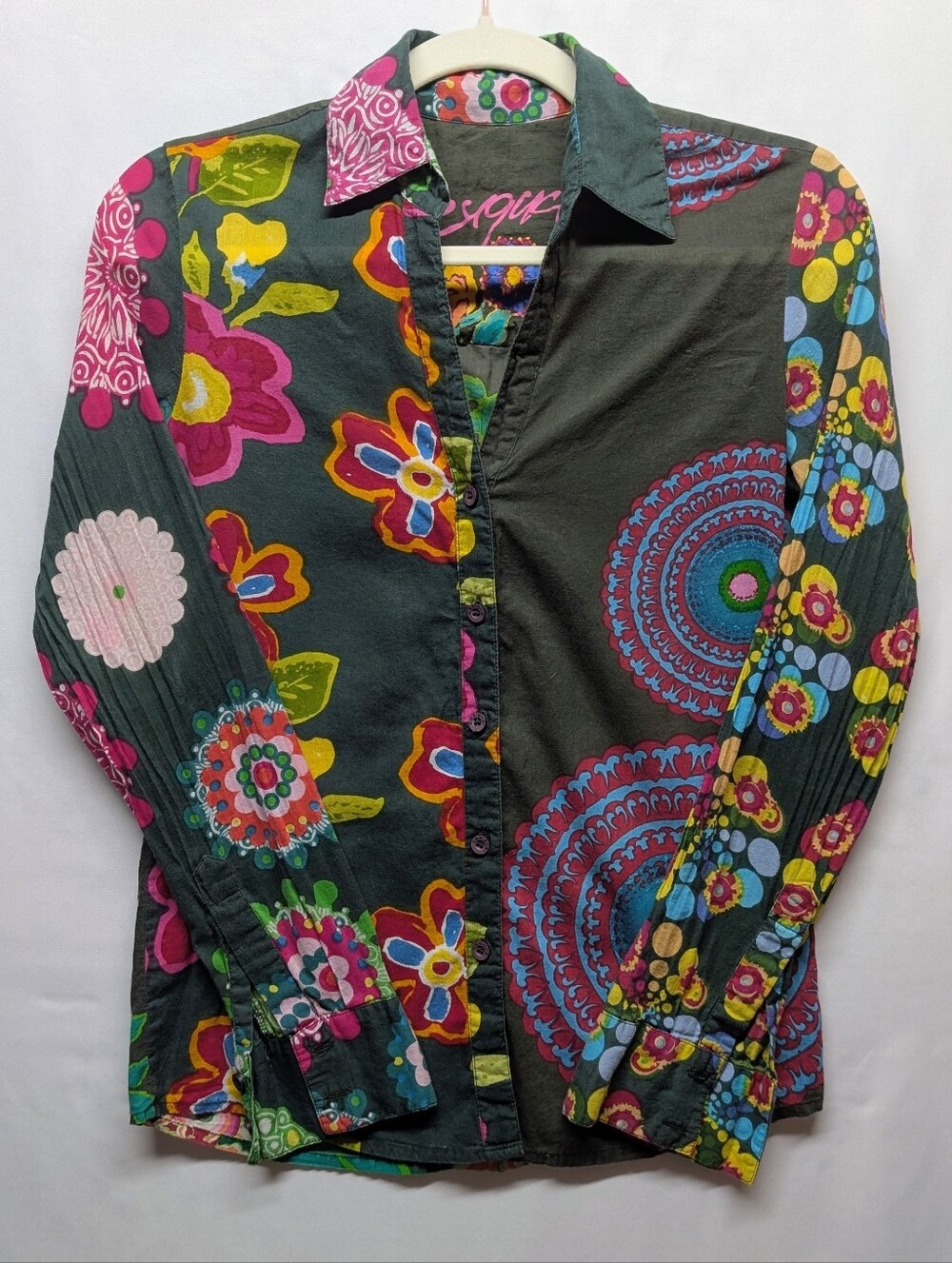 512-Desigual Multicolor Floral Button-Down Shirt with Pink Logo